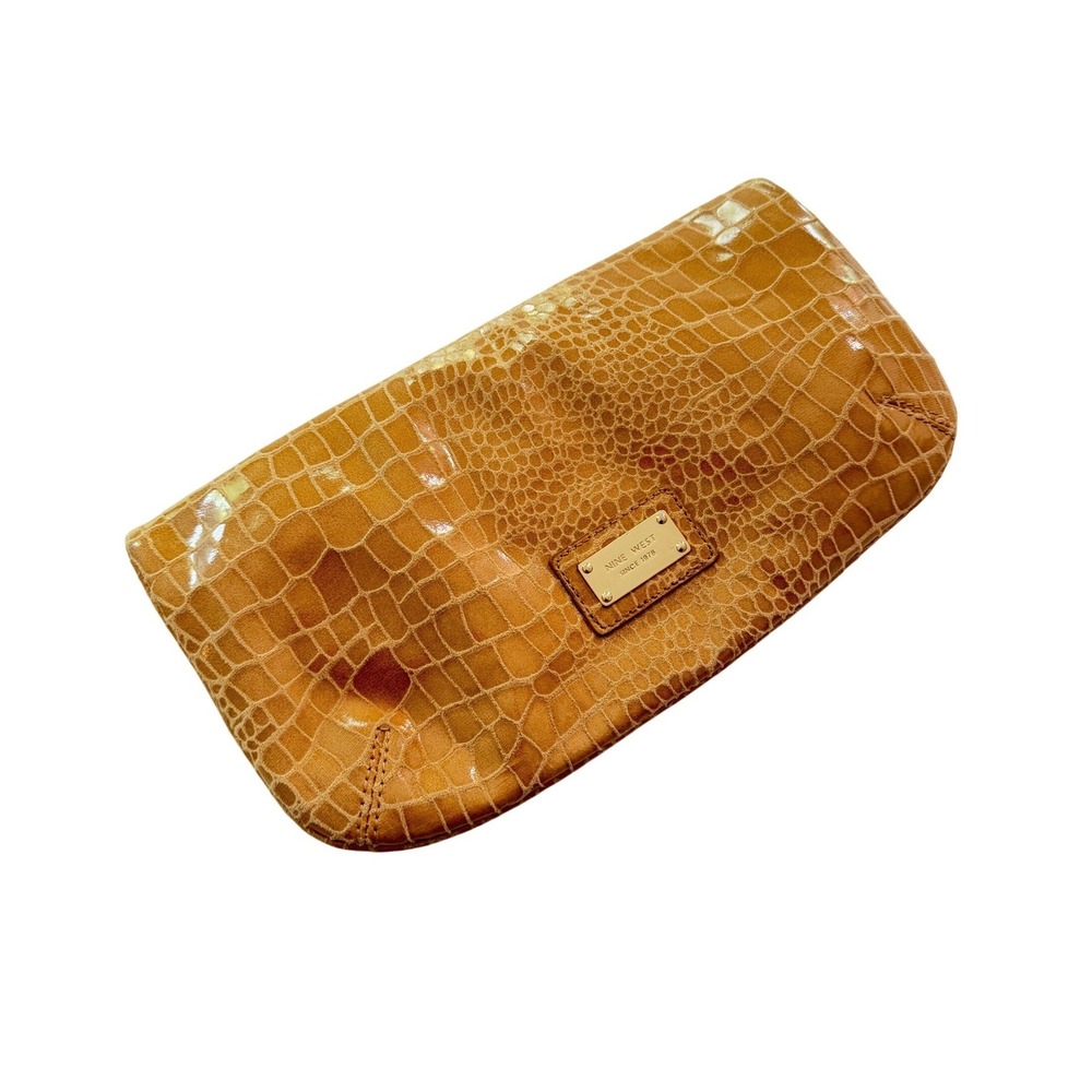Nine West Clutch Bag Women Tan Croc Embossed Foldover Classic Minimalist Preppy